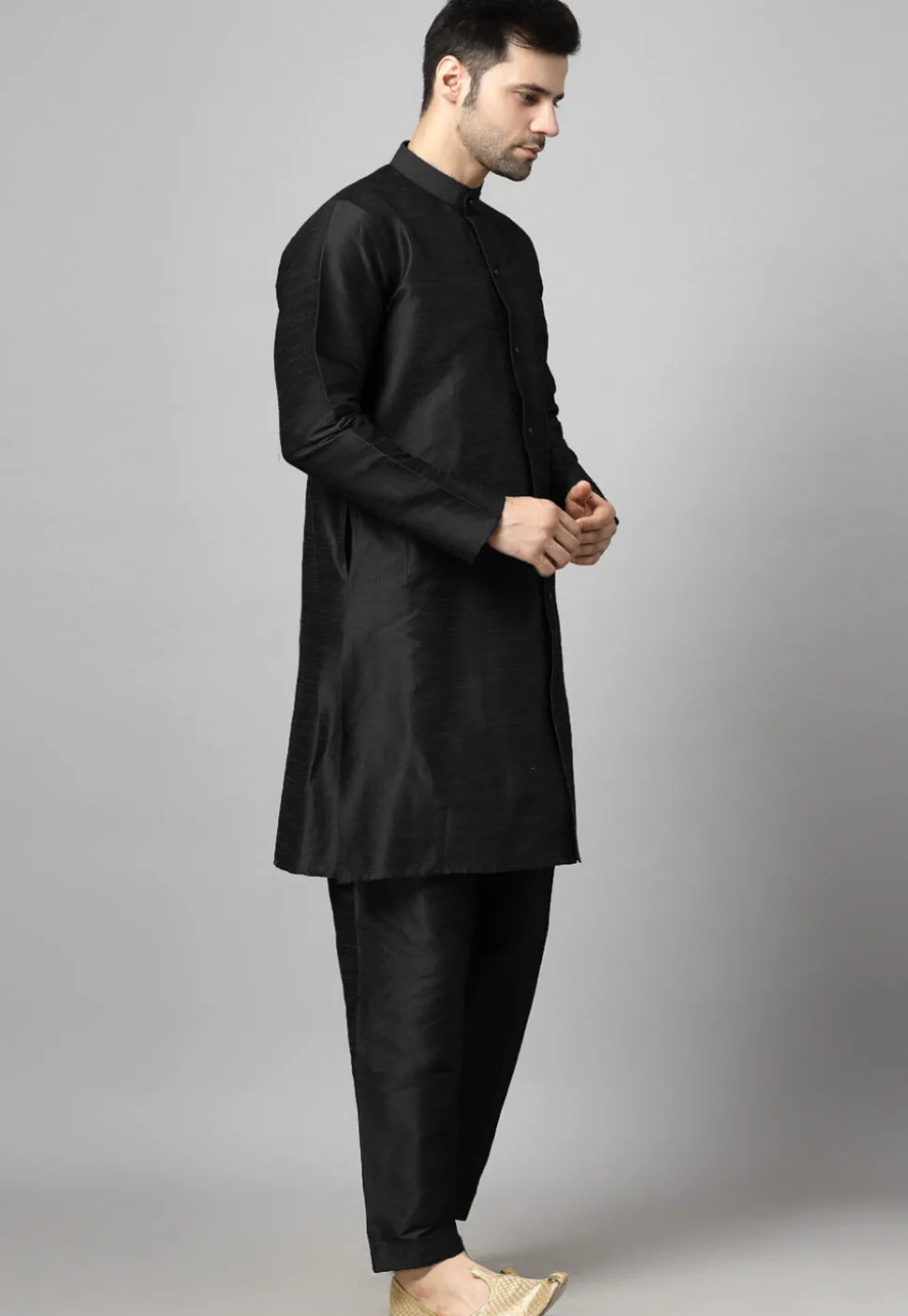 Solid Color  Art Silk Front Slit Kurta Set in Black