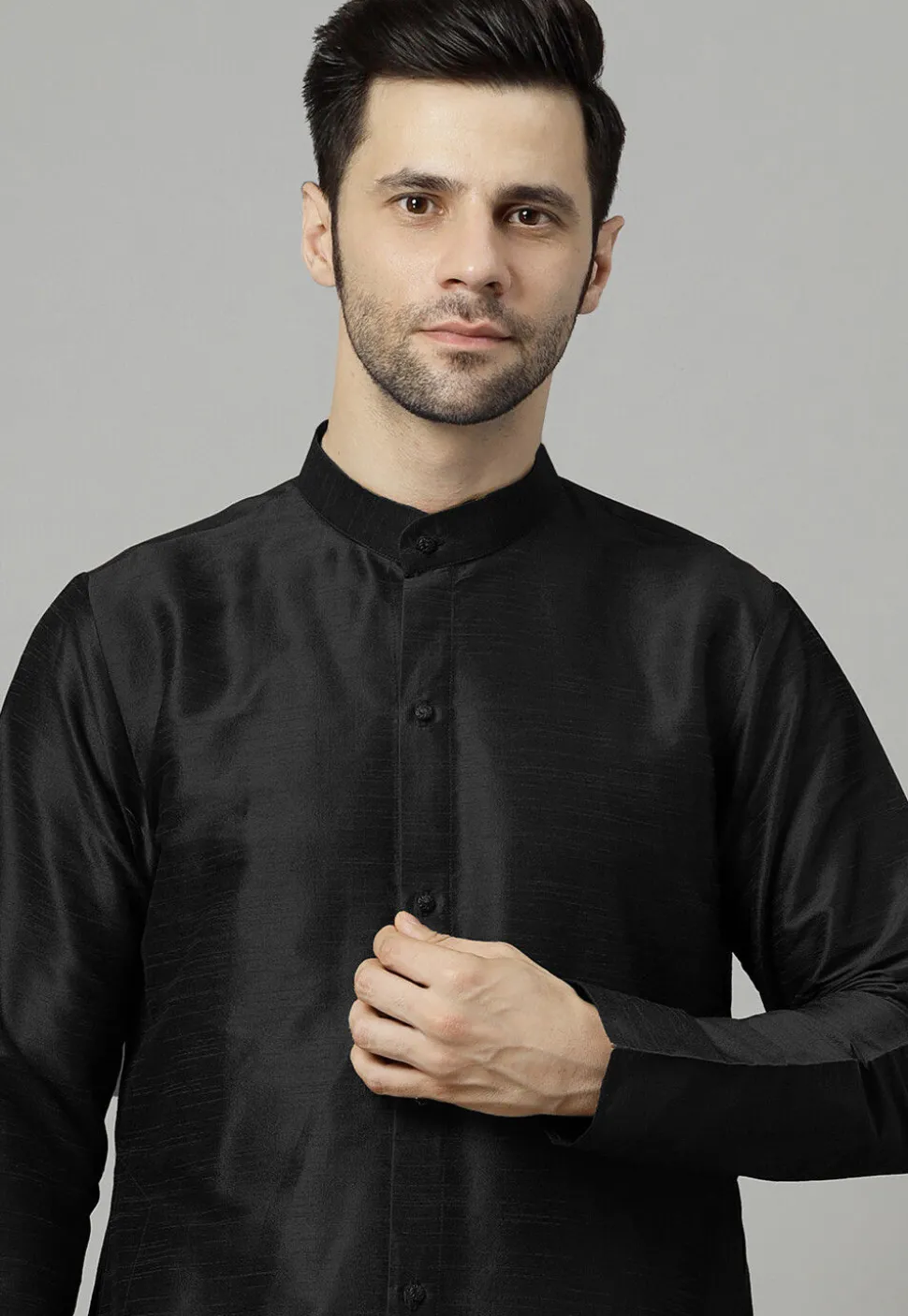 Solid Color  Art Silk Front Slit Kurta Set in Black