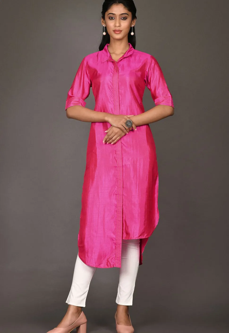 Solid Color Art Silk High Low Kurta in Fuchsia