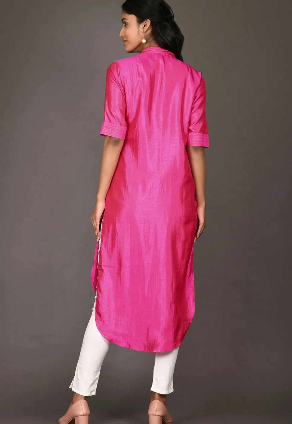 Solid Color Art Silk High Low Kurta in Fuchsia