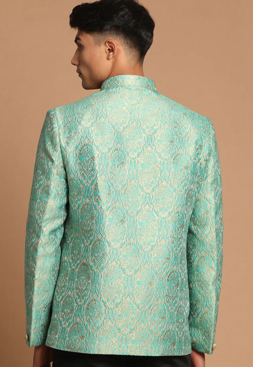 Solid Color Art Silk Jacquard Jodhpuri Jacket in Sea Green