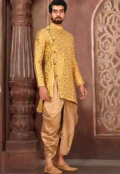 Solid Color Art Silk Jacquard Dhoti Kurta in Yellow
