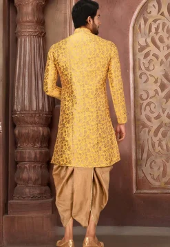 Solid Color Art Silk Jacquard Dhoti Kurta in Yellow