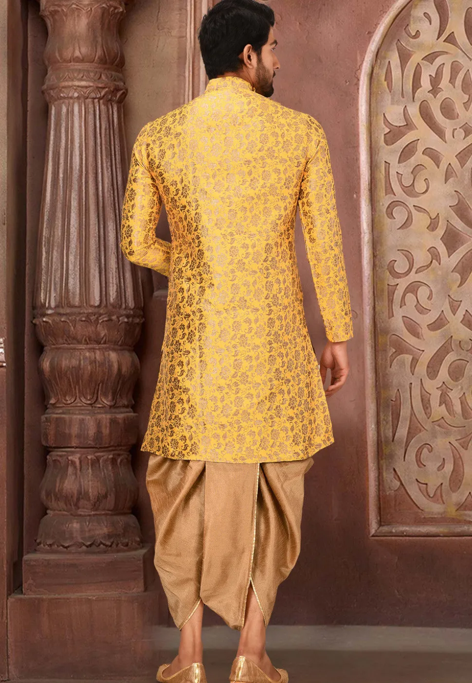 Solid Color Art Silk Jacquard Dhoti Kurta in Yellow
