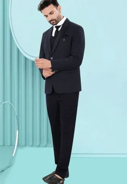 Solid Color Art Silk Jacquard Tuxedo in Navy Blue