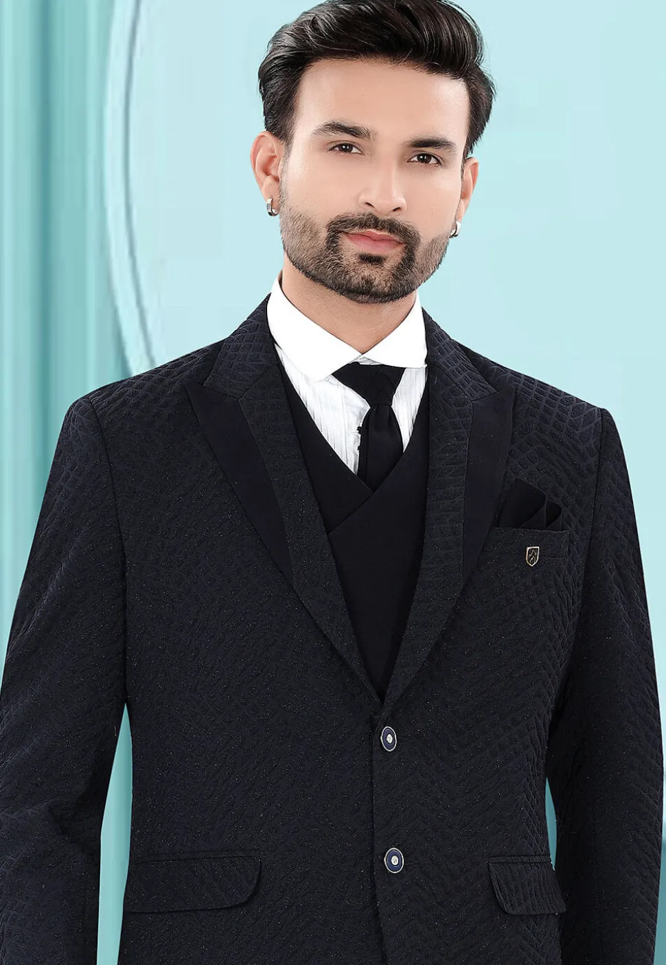Solid Color Art Silk Jacquard Tuxedo in Navy Blue