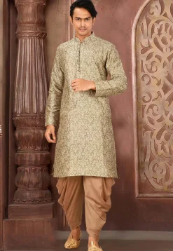 Solid Color Art Silk Jacquard Kurta Set in Beige