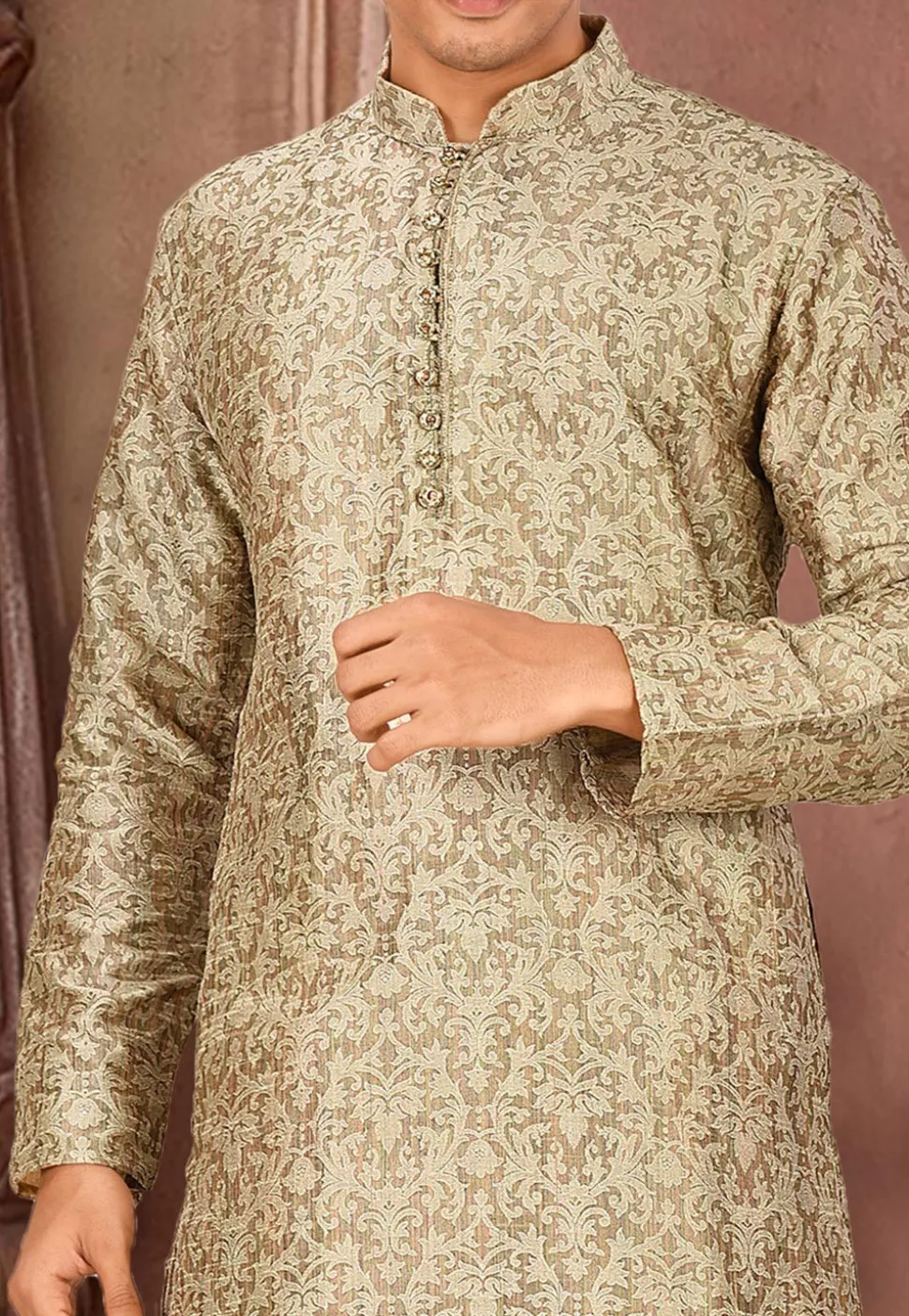 Solid Color Art Silk Jacquard Kurta Set in Beige