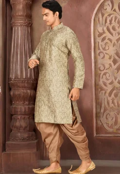 Solid Color Art Silk Jacquard Kurta Set in Beige