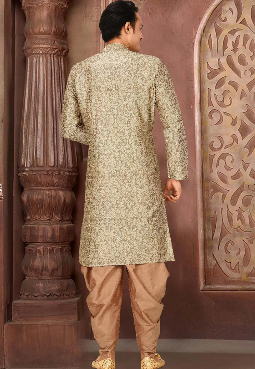 Solid Color Art Silk Jacquard Kurta Set in Beige
