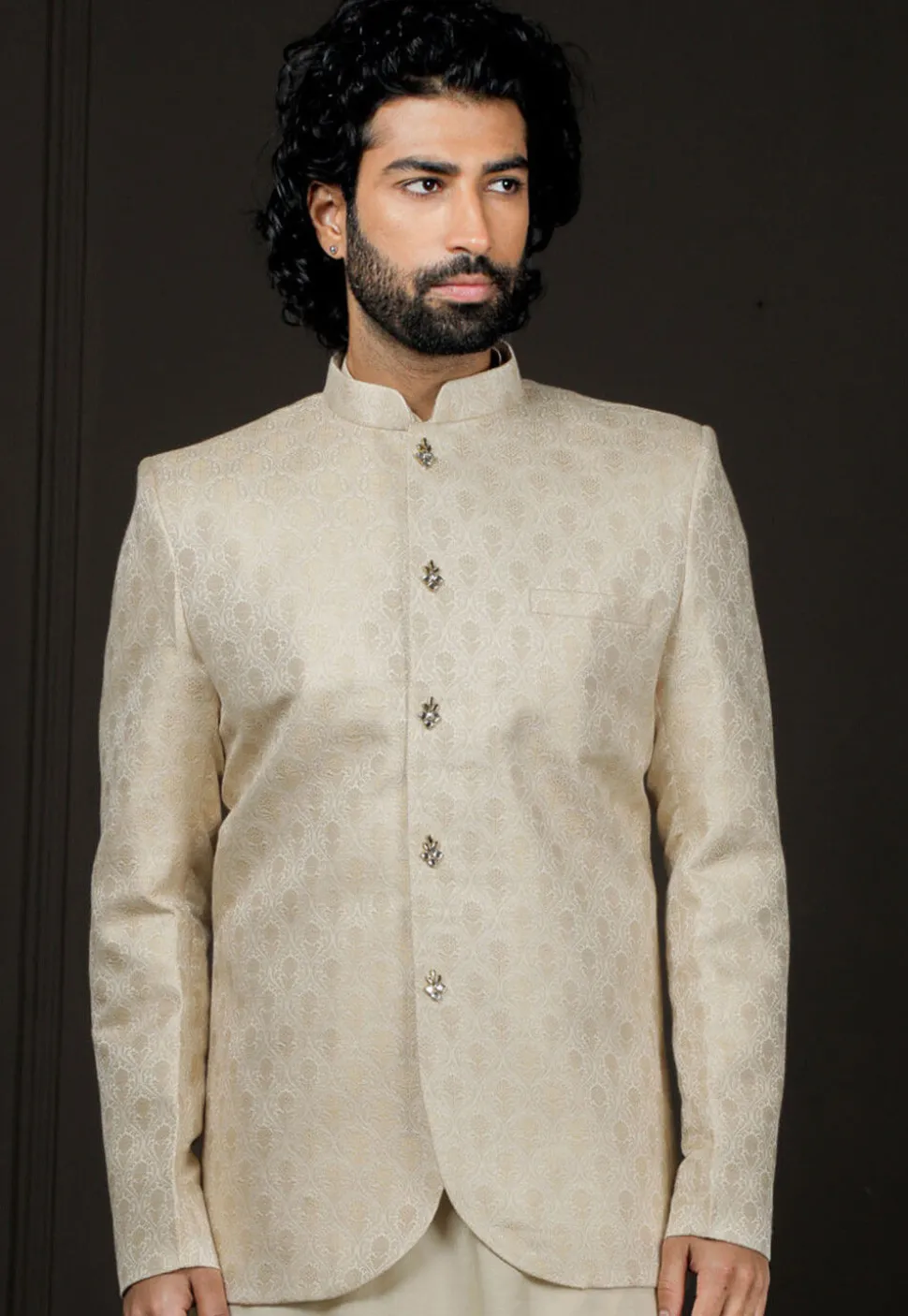 Solid Color Art Silk Jacquard Jodhpuri Jacket in Light Beige