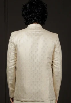 Solid Color Art Silk Jacquard Jodhpuri Jacket in Light Beige