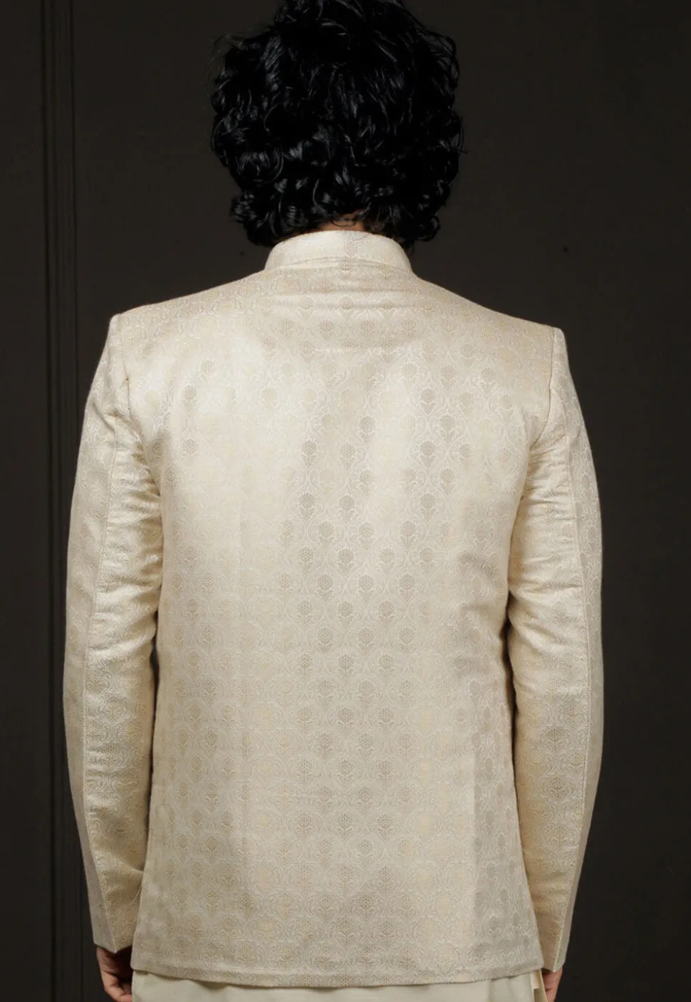 Solid Color Art Silk Jacquard Jodhpuri Jacket in Light Beige