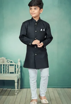 Solid Color Art Silk Jacquard Sherwani in Black