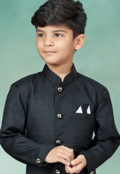 Solid Color Art Silk Jacquard Sherwani in Black