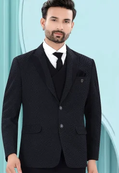 Solid Color Art Silk Jacquard Blazer in Navy Blue