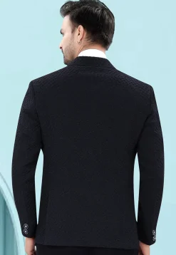 Solid Color Art Silk Jacquard Blazer in Navy Blue