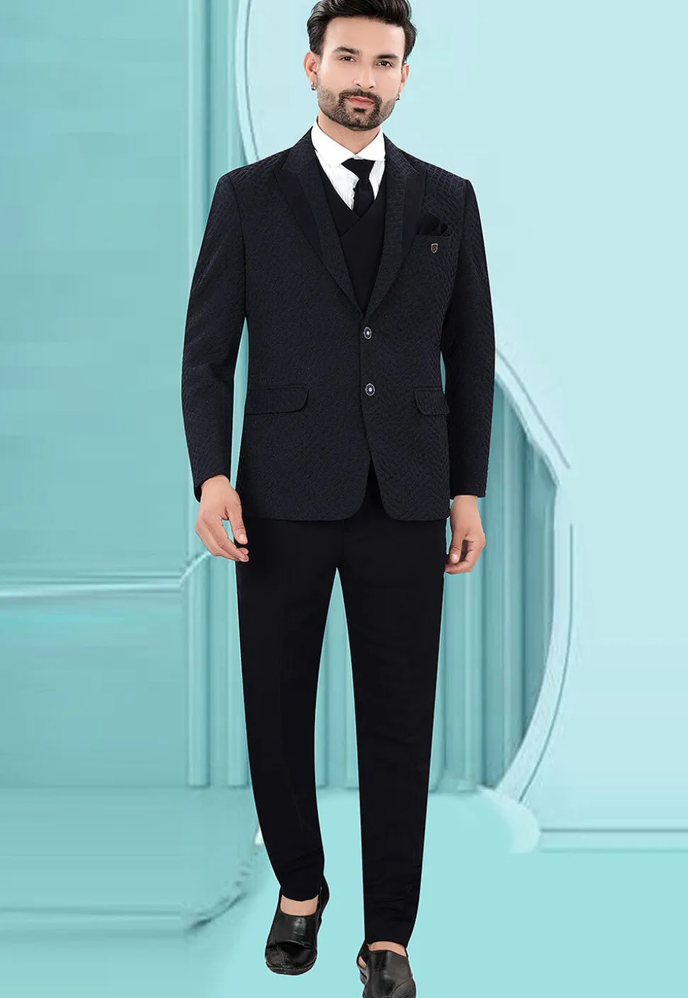Solid Color Art Silk Jacquard Blazer in Navy Blue