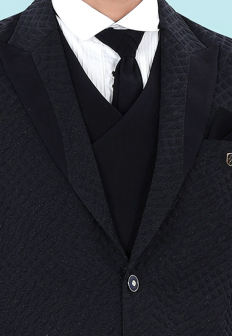 Solid Color Art Silk Jacquard Blazer in Navy Blue