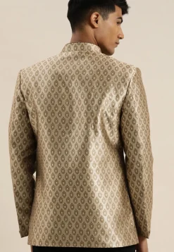 Solid Color Art Silk Jacquard Jodhpuri Jacket in Dusty Green