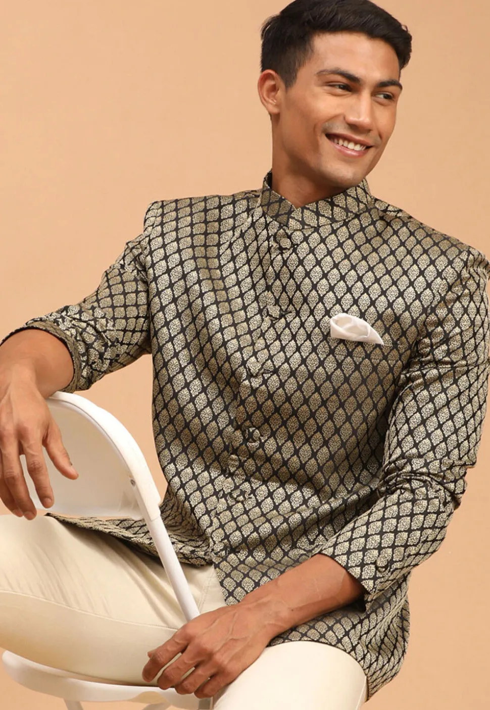 Solid Color Art Silk Jacquard Jodhpuri Jacket in Black