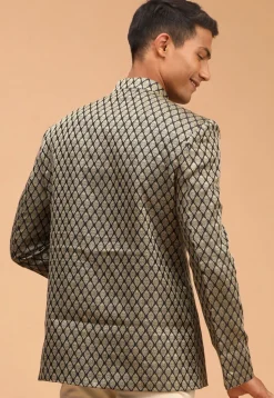 Solid Color Art Silk Jacquard Jodhpuri Jacket in Black