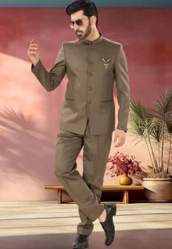 Solid Color Art Silk Jodhpuri Suit in Brown
