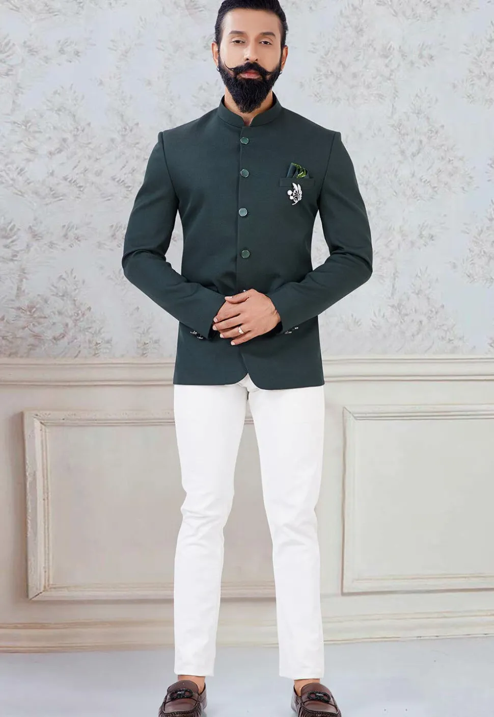 Solid Color Art Silk Jodhpuri Suit in Dark Green
