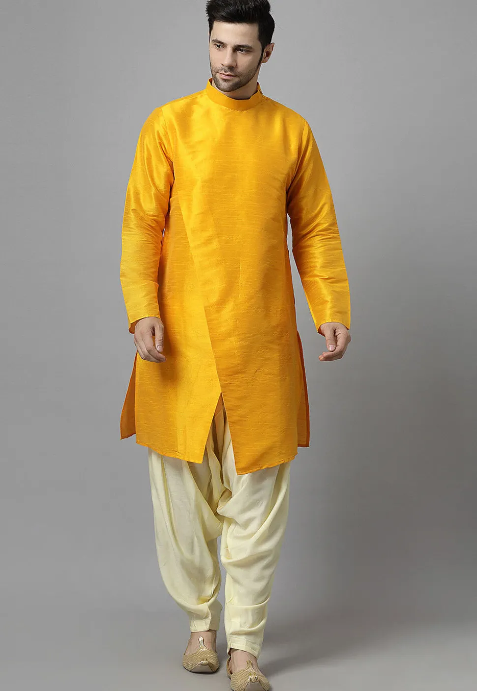 Solid Color Art Silk Kurta Set in Mustard