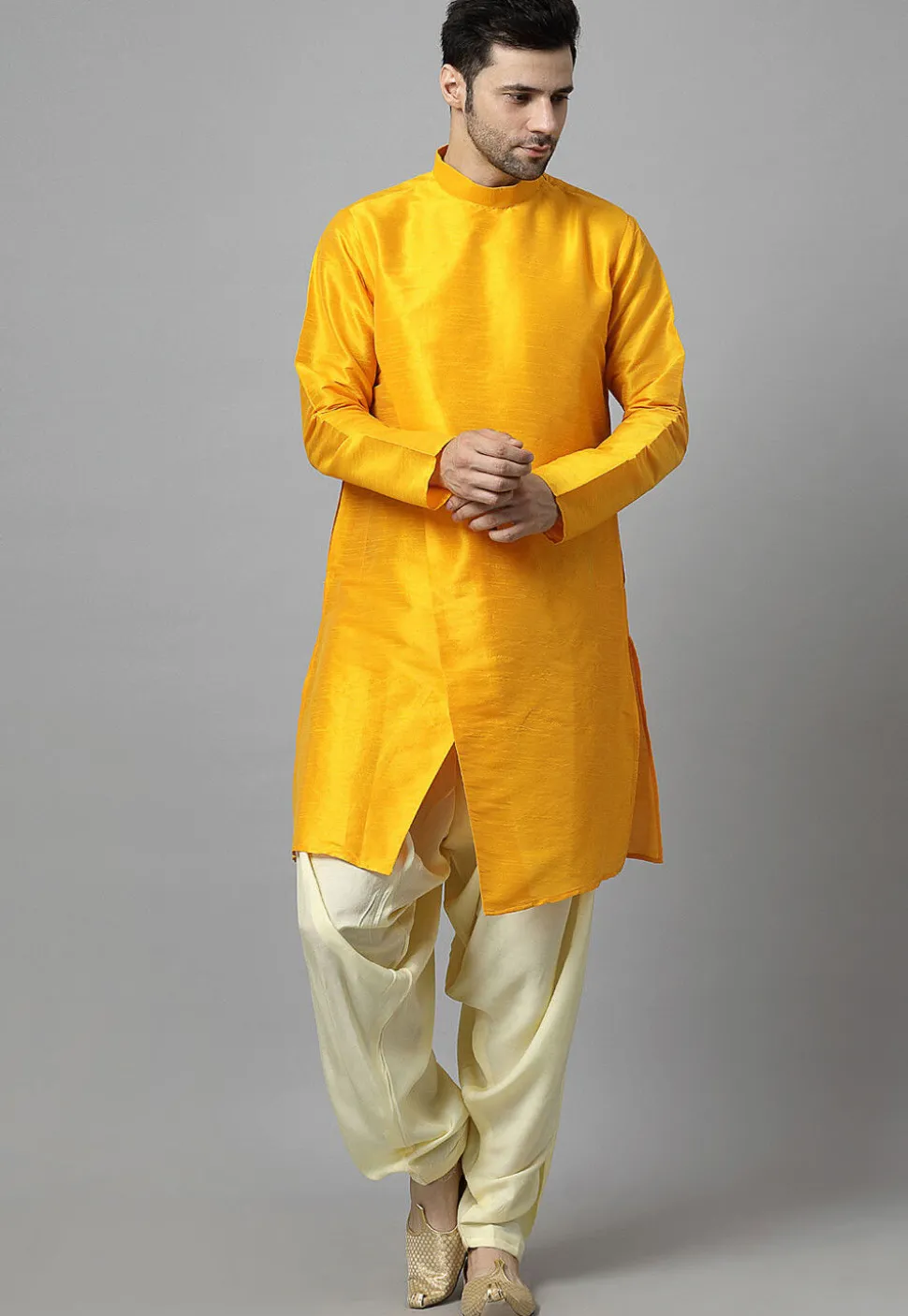 Solid Color Art Silk Kurta Set in Mustard