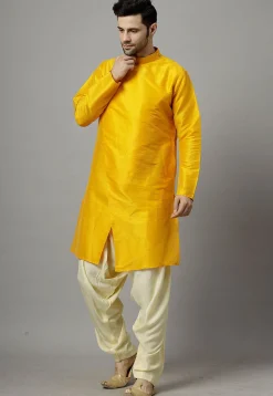 Solid Color Art Silk Kurta Set in Mustard