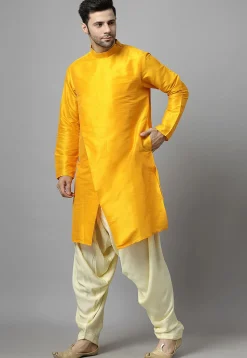 Solid Color Art Silk Kurta Set in Mustard
