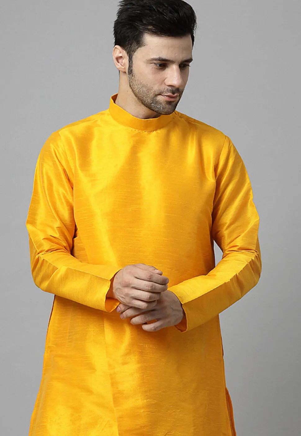Solid Color Art Silk Kurta Set in Mustard