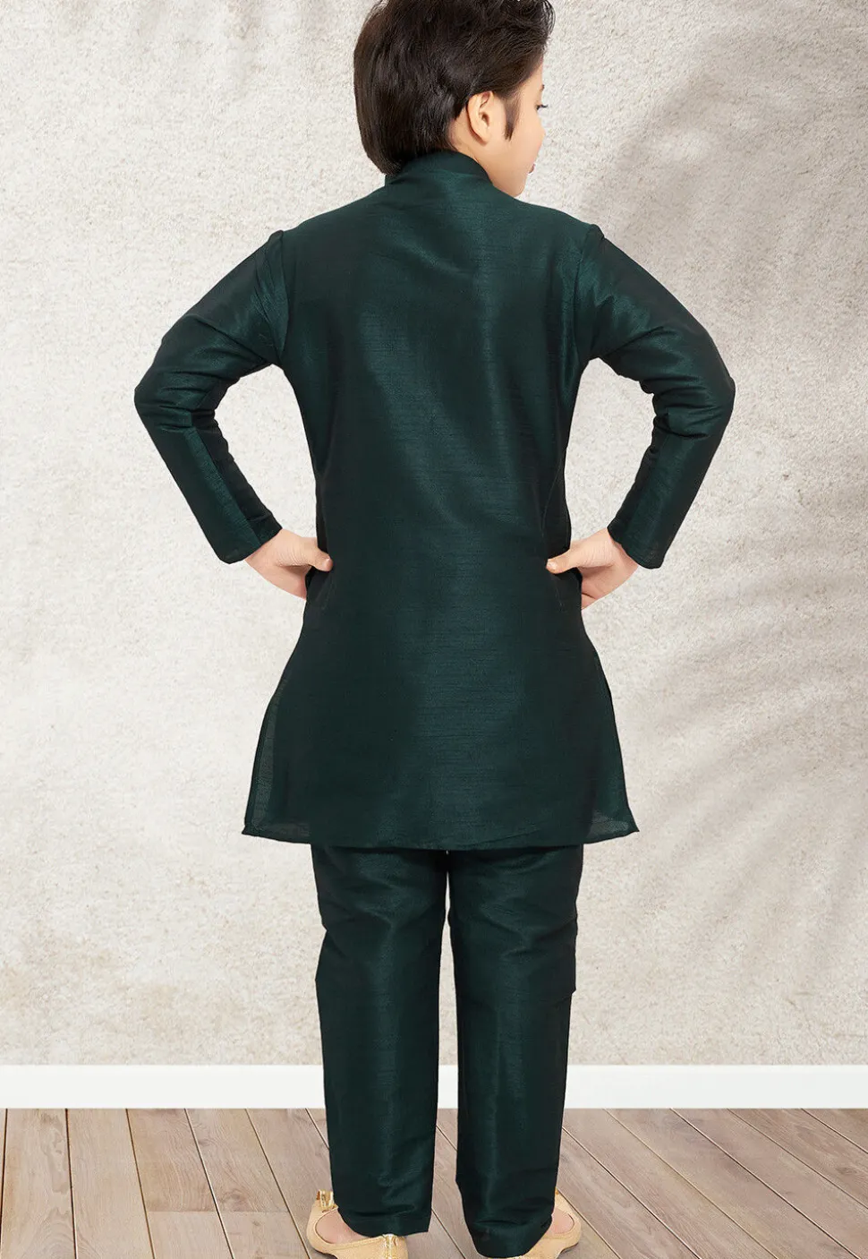 Solid Color Art Silk Kurta Set in Dark Green and