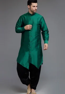 Solid Color Art Silk Kurta Set in Teal Green