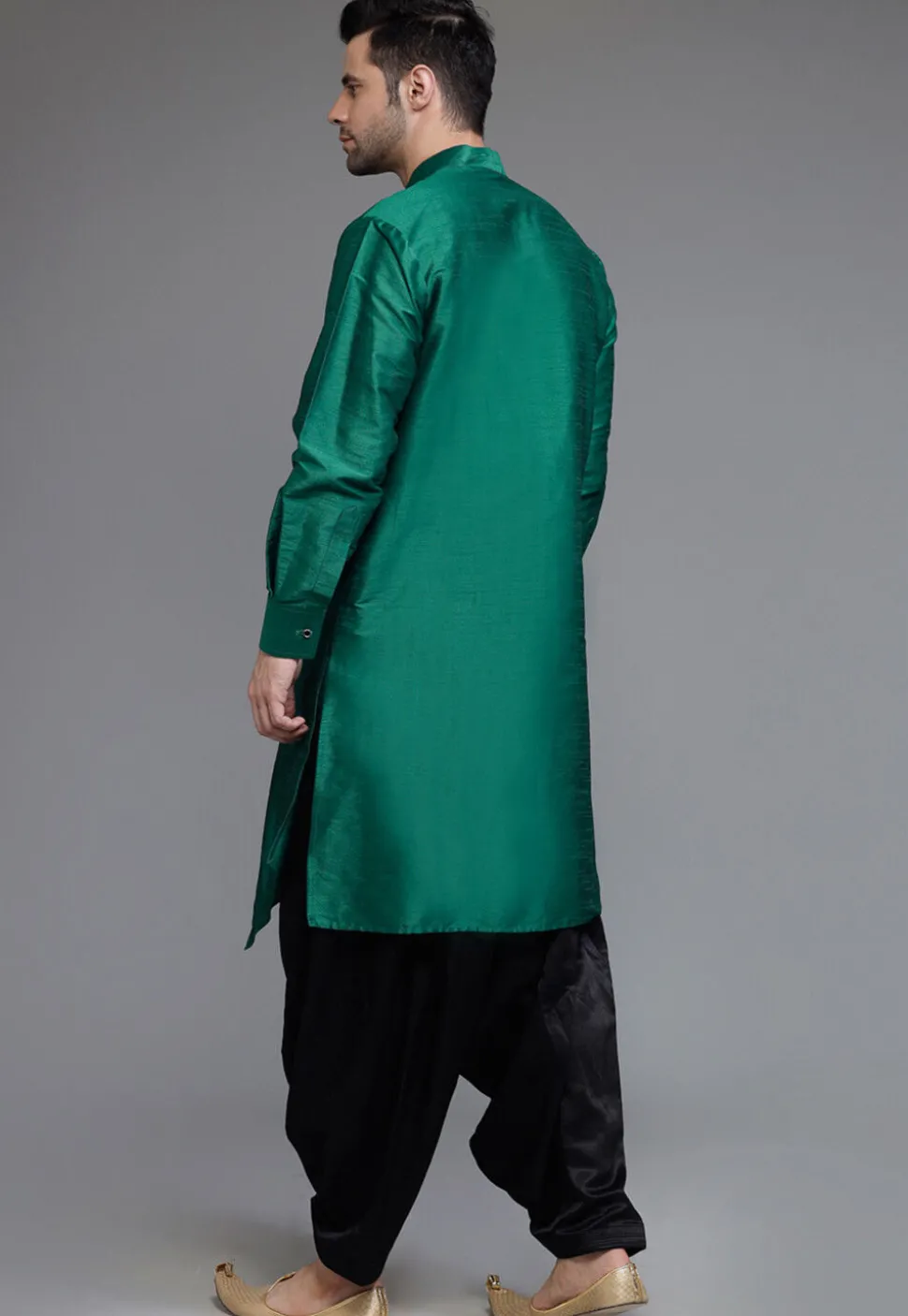 Solid Color Art Silk Kurta Set in Teal Green