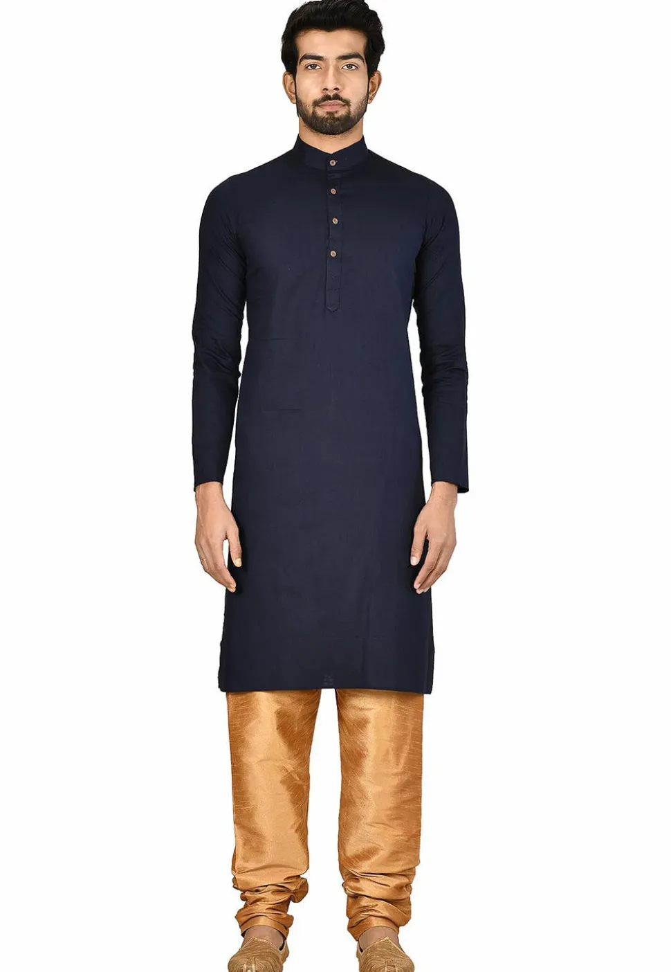 Solid Color Art Silk Kurta Set in Navy Blue