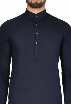 Solid Color Art Silk Kurta Set in Navy Blue