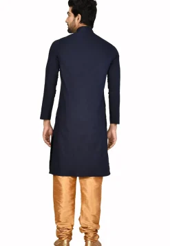 Solid Color Art Silk Kurta Set in Navy Blue