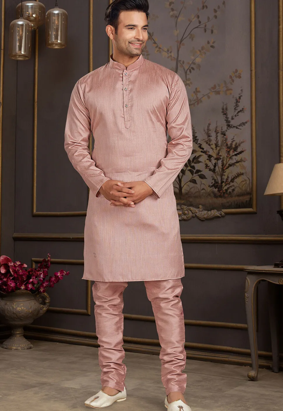 Solid Color Art Silk Kurta Set in Peach