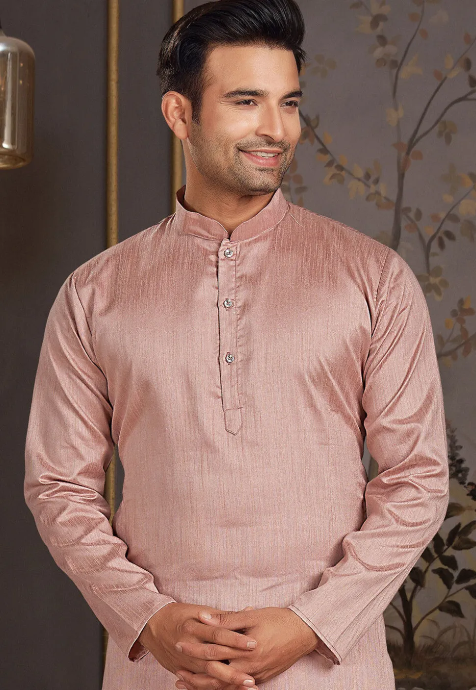 Solid Color Art Silk Kurta Set in Peach