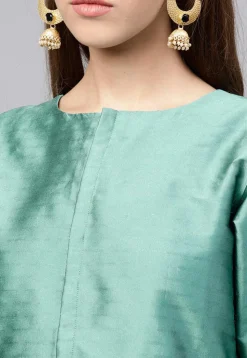Solid Color Art Silk Kurti in Teal Green