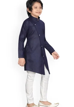 Solid Color Art Silk Kurta Set in Navy Blue
