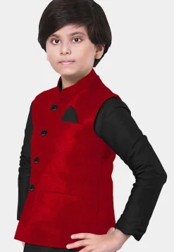 Solid Color Art Silk Kurta Jacket Set in Black and Red