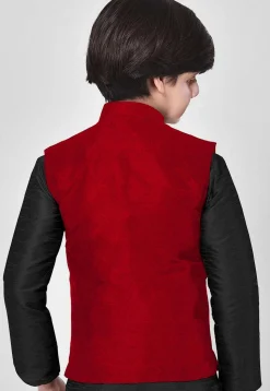 Solid Color Art Silk Kurta Jacket Set in Black and Red