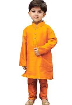 Solid Color Art Silk Kurta Set in Orange
