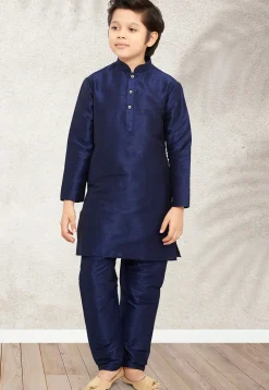 Solid Color Art Silk Kurta Set in Navy Blue and