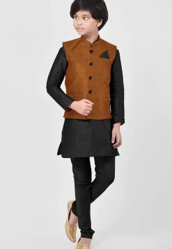 Solid Color Art Silk Kurta Jacket Set in Black