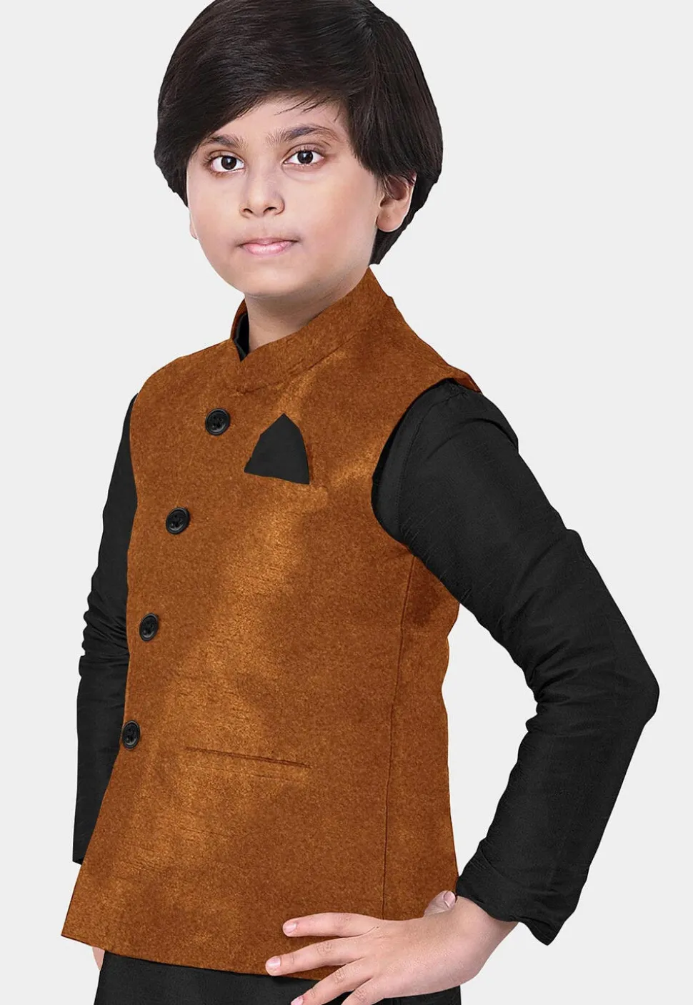 Solid Color Art Silk Kurta Jacket Set in Black
