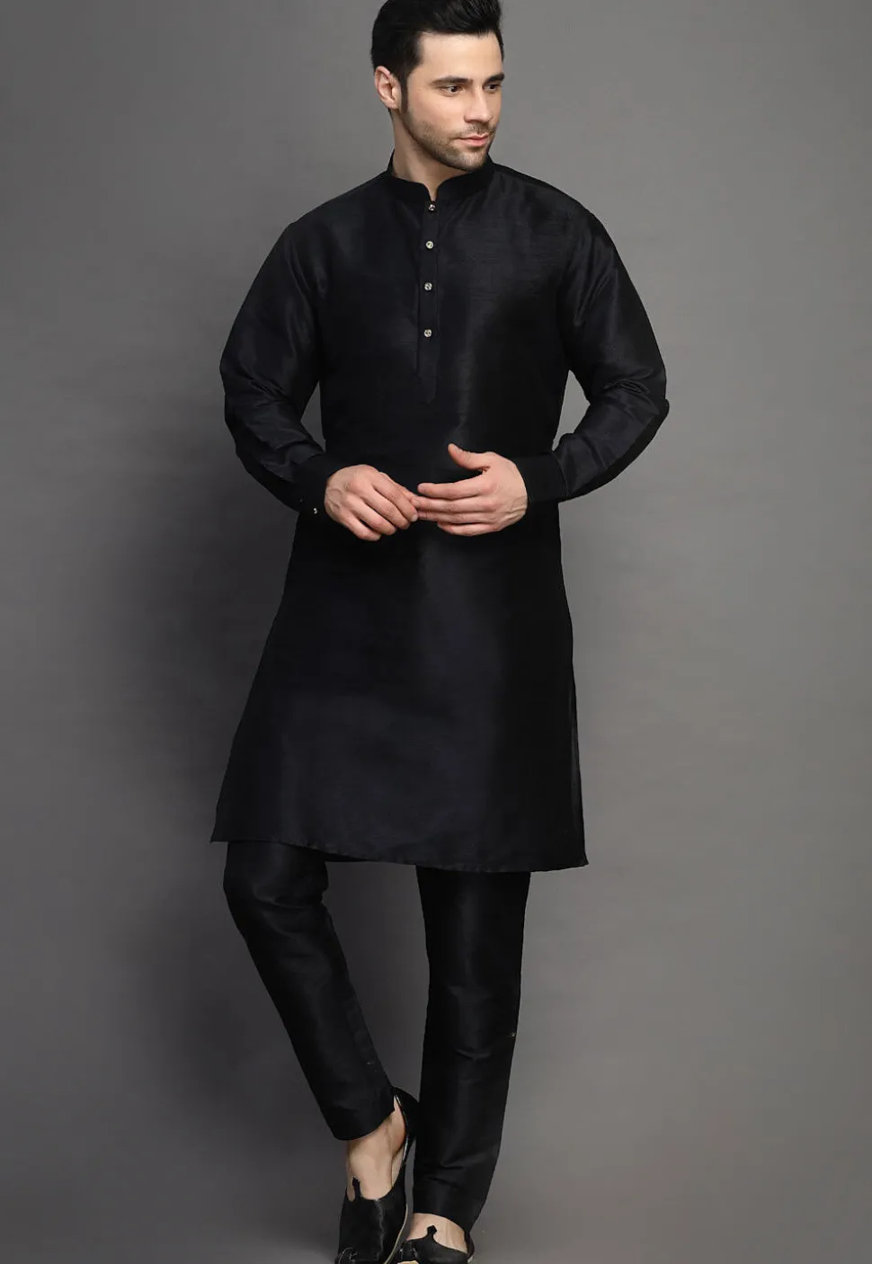 Solid Color Art Silk Kurta Set in Black